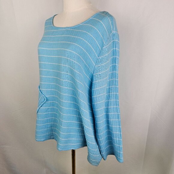 Habitat Blue Striped Gauze Like Tunic Top Large Long Sleeve Lagenlook Boho - Picture 2 of 9